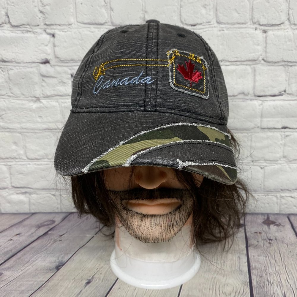 Vintage Canada Dad Hat Cap Strap Back Gray Camo Distressed Embroidered Stitched